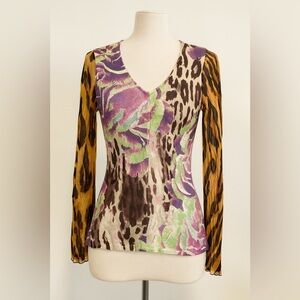 Alberto Makali Animal Print Floral Mesh Top S Sheer Y2K